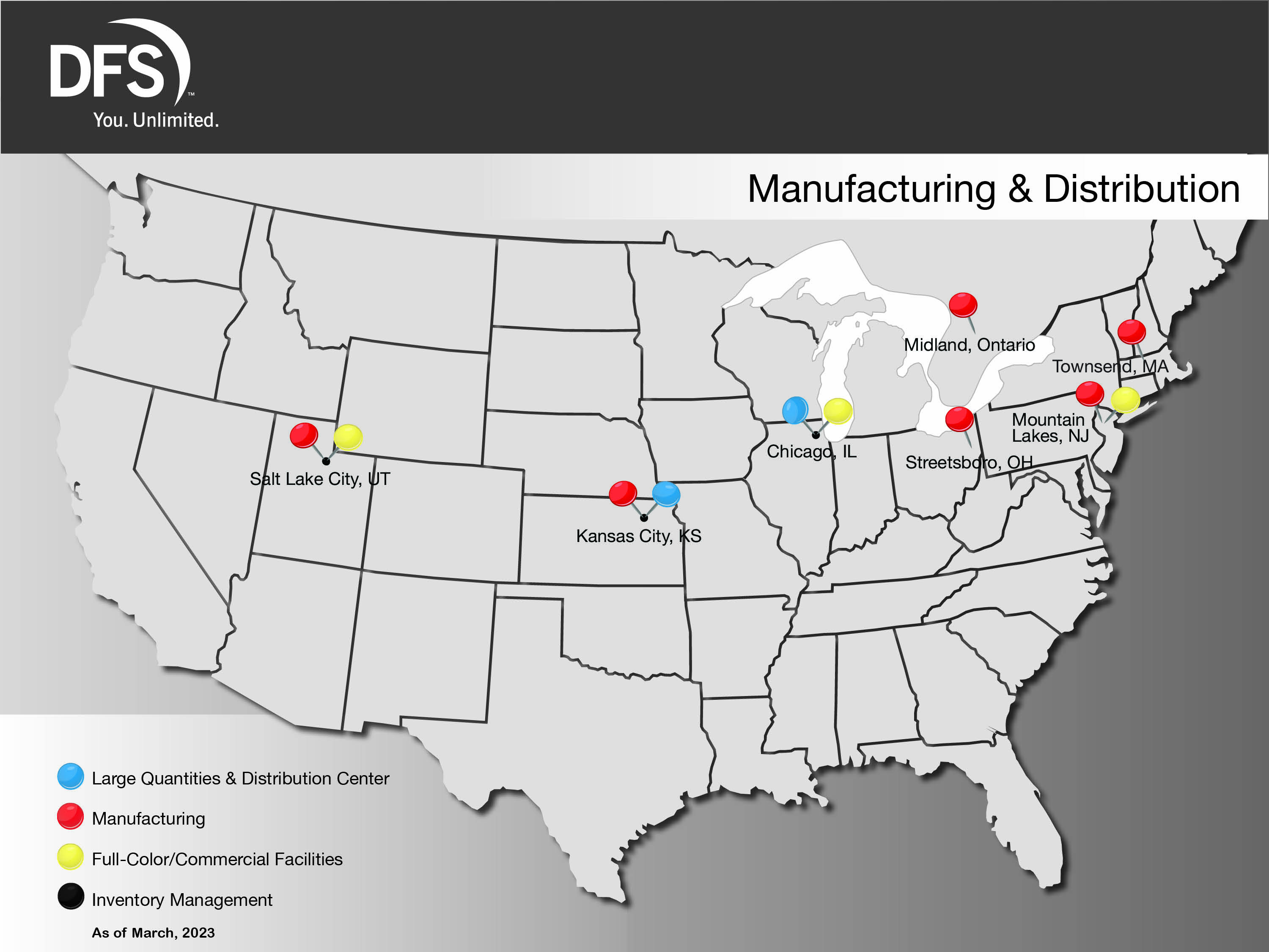 Map of DFS facilities in North America. From left to right: Oakland, CA, Salt Lake City, UT, Kansas City, KS, Arden Hills, MN, Maryville, MO, Chicago, IL, Lithia Springs, GA, Streetsboro, OH, Midland, ON, Mountain Lakes, NJ, Townsend, MA.